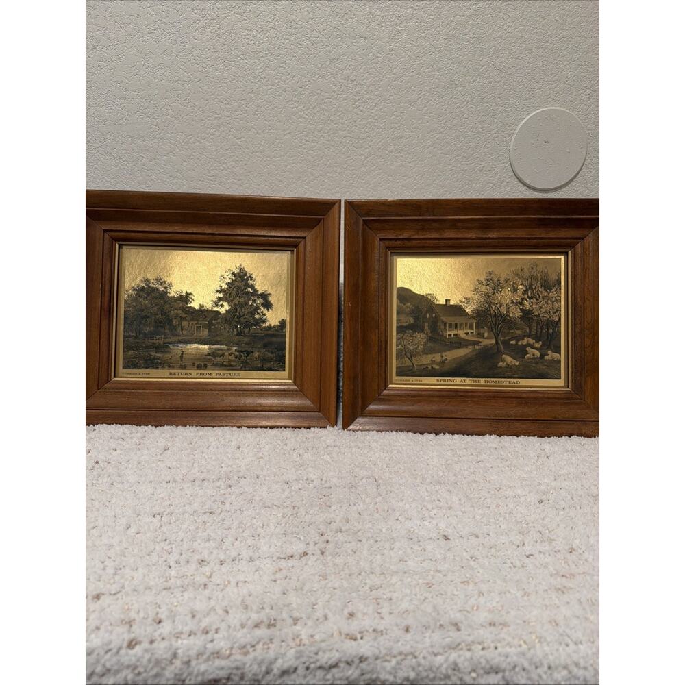 2 Vintage Framed Foiled Lithograph Currier & Ives Prints.